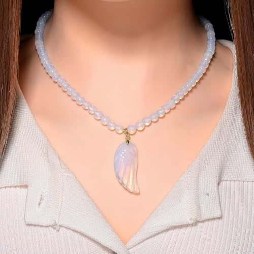 Opalite 110.00 ctw Carved Wing Pendant Beaded Necklace in Goldtone 18-20"