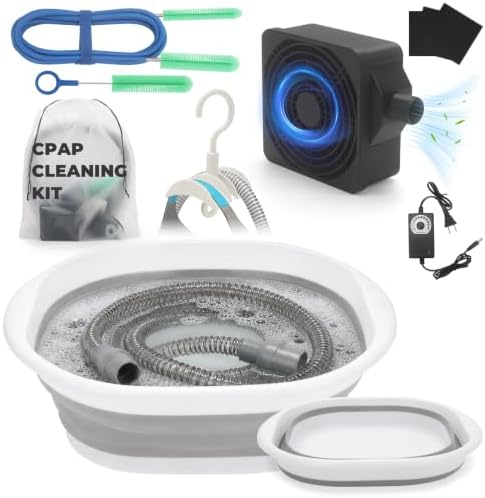 9 Pack CPAP Cleaning Kit for Hose & Mask, with Speed Control Hose Dryer, Collapsible Wash Basin & Hose Hanger, 7ft Cleaning Brush, CPAP Cleaning Supplies with Storage Bag, for 22mm & 15mm Tube