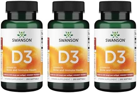 Swanson Vitamin D3 5,000 IU, 125 mcg Cholecalciferol, 250 Softgels | For Sun-Deprived Adults Seeking Bone, Immune, and Heart Support, 125 mcg Cholecalciferol, the Active Vitamin D3