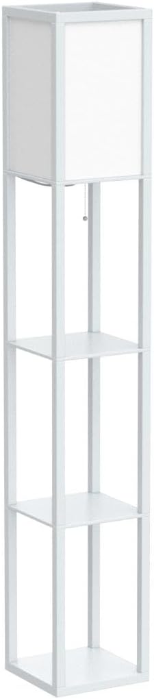 Brightech Maxwell - Modern Shelf Floor Lamp with Lamp Shade & Warm White LED Bulb, Corner Display Floor Lamp with Shelves for Living Room, Bedroom, Nightstand Office, Home Decor Storage - Natural Wood