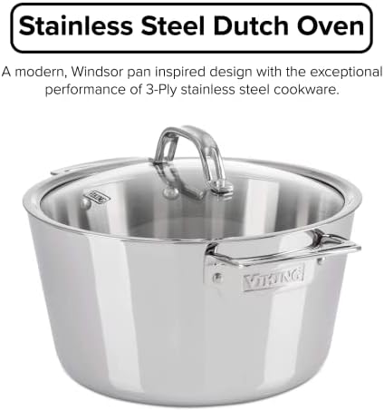 Viking Contemporary 3-Ply Dutch Oven, 5.2 Quart Stainless Steel Cookware Pot with Glass Lid, Dishwasher and Oven Safe, Induction Ready, Silver