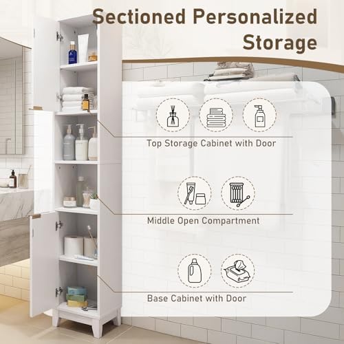 VINGLI White Fluted Tall Narrow Bathroom Cabinet, 67" Slim Freestanding Storage Cabinet for Small Spaces, Wood Linen Tower Floor Cabinet with 2 Doors
