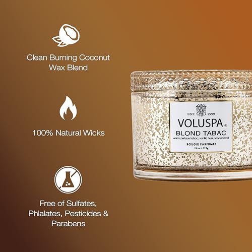 Voluspa Blond Tabac, Corta Maison Boxed Candle, 11 oz, 45 Hour Burn Time, Coconut Wax for Clean Burning, Handcrafted in the USA