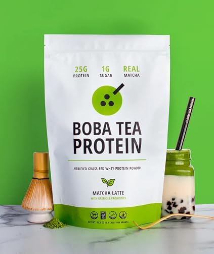 Boba Tea Protein Matcha Latte | 25g Grass-Fed Whey Protein Isolate Powder | Gluten-Free & Soy-Free Bubble Tea Protein Drink | Real Ingredients &