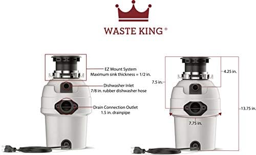 Waste King L-3200 Garbage Disposal with Power Cord, 3/4 HP & King 1025 EZ Mount Garbage Disposal Stopper and Splash Guard, Black
