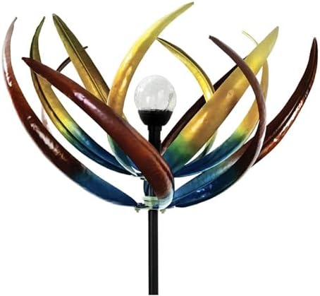 Bits and Pieces Tulip Wind Spinners Outdoor Solar Lighted Metal Wind Spinner, Large Kinetic Garden Sculptures, Crackle Glass Light