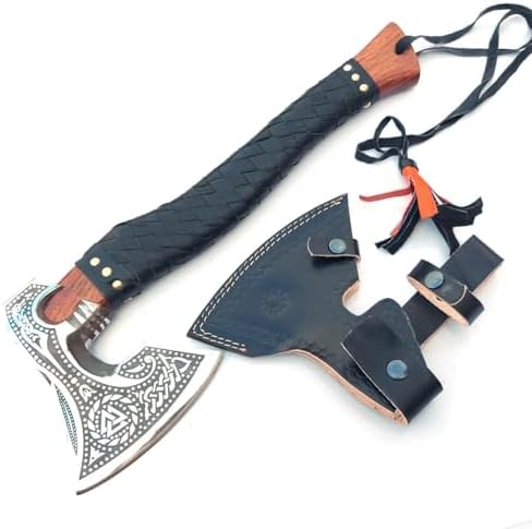 Poshland AX-7000 Custom Gift Forged Carbon Steel Viking Axe with Rose Wood Shaft, Viking Bearded Camping Axe