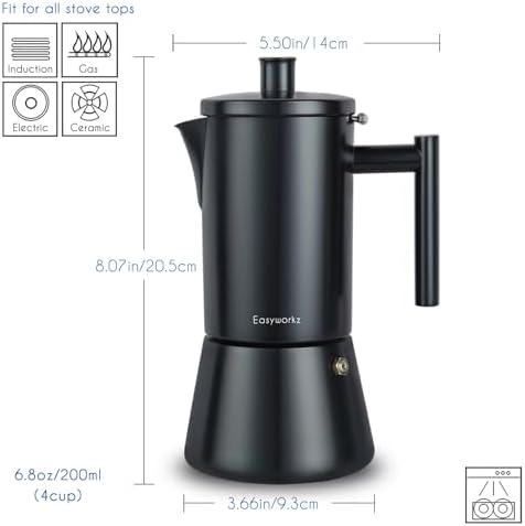 Easyworkz Diego Stovetop Espresso Maker Stainless Steel Italian Coffee Machine Maker 6Cup 10 oz Moka Pot Induction Espresso Pot