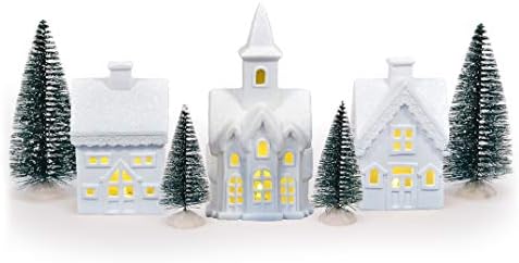 Mark Feldstein & Associates Village with Trees White Unglazed Porcelain Christmas Figurines, 7 Piece Set, 5 Inch