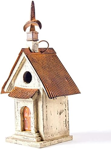 Glitzhome 14" H Hanging Distressed Wooden Church Birdhouse Garden Decor