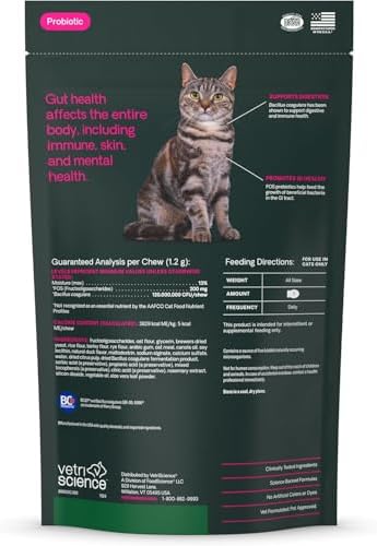 VetriScience Gut Health Chews, Probiotic Everyday Digestive Supplement for Cats, Pet Probiotics for Digestion Support, Gas and Diarrhea