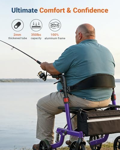 Foldable Rollator Walkers with Seat for Seniors, All Terrain Outdoor（Red | Patented Shock-Absorbing,Tool-Free Adjustment,350 lbs Capacity, 10″ Solid Wheels,16.3lbs Lightweight, Fit 61"-74" Tall User