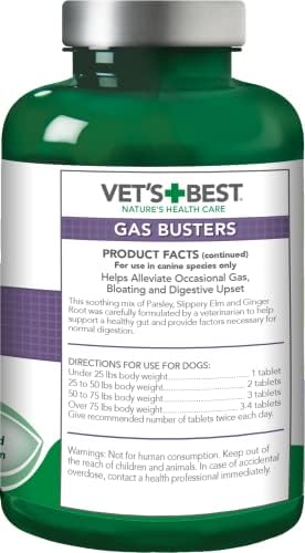 Vet's Best Gas Busters Digestive Support Tablets for Dogs, 90 Count | Helps Relieve Gas, Bloating & Constipation, Supports Healthy Digestion, Chewable Daily Digestive Aid for Dogs