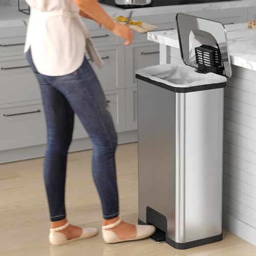 iTouchless Airstep 13 Gallon Step Pedal Kitchen Trash Can with Odor Filter, 50 Liter Commercial Grade Stainless Steel Recycle Bin for Home and Office, Silent Lid Open and Close