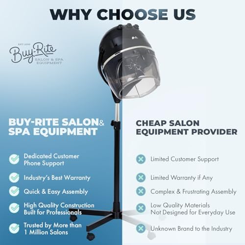 Buy-Rite Meredith 880W Hooded Salon Hair Dryer Adjustable Height | Durable 5-Star Caster Base, Fits Most Dryer Chairs, 60-Min Auto Shut-Off