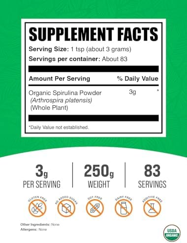 BulkSupplements.com Organic Spirulina Powder - Superfood, Green Spirulina Powder, Herbal Supplement - Vegan-Friendly, 3g per Serving, 500g (1.1 lbs) (Pack of 1)