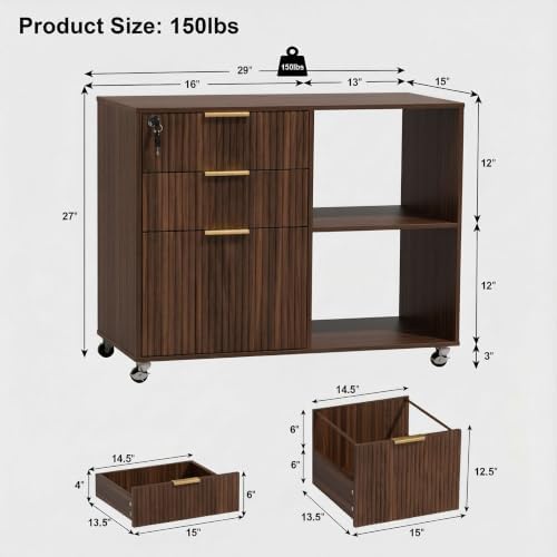 3 Drawer Fluted Mobile Filing Cabinet with Lock, Lateral Rolling Under Desk File Cabinet, Wooden Printer Stand Table for Home Office Essentials Storage Organization Furniture Letters/A4(Oak)