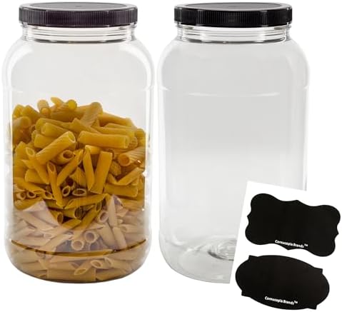 Cornucopia Brands Gallon Plastic Jars (2-Pack); Clear Round Containers w/Black Ribbed Lids, BPA-Free 4-Quart Large Size