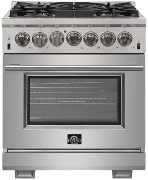 FORNO Capriasca Dual Fuel 30" Inch. Freestanding Range 5 Sealed Brass Burners Cooktop and 4.32 Cu. Ft. Electric Convection Oven - Stainless Steel