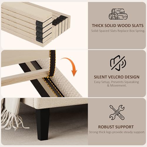 King Size Bed Frame with Headboard, Platform Bed with Upholstered Wingback Storage Headboard, Slats Support, No Box Spring Needed Beige
