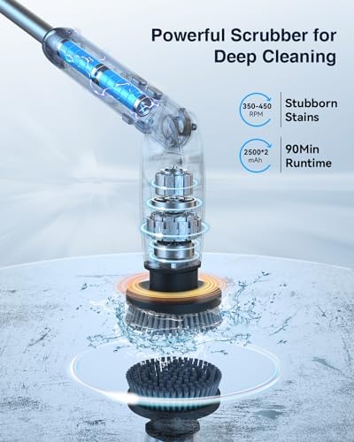 Leebein Electric Spin Scrubber, Shower Scrubber with 4 Adjustable Angles and 8 Brush Heads, Electric Scrubber with Long Handle & Remote Controller