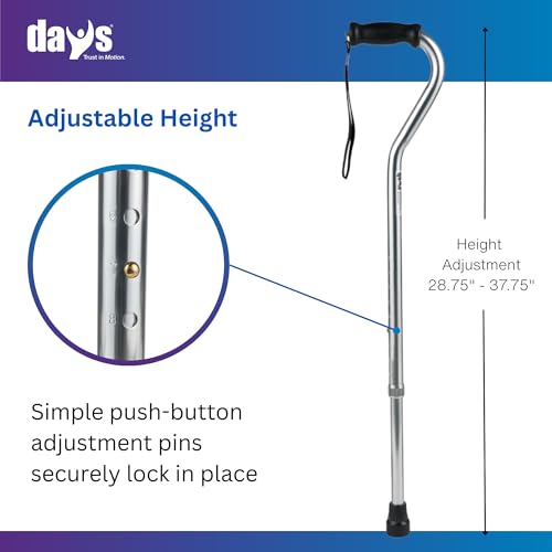 Days Standard Bariatric Offset Cane, Bariatric Cane with Rubber Tip, Heavy Duty Walking Cane for Weight Bearing, Limited Mobility Aid for Elderly, Tall & Heavy Adults, Silver with Black Handle