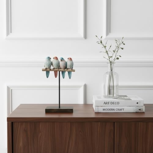 Comfy Hour Bird Figurines Home Decor, 9.8 Inch Decorative Birds Sculpture, Pastel Sparrows on Rustic Branch, Polyresin Tabletop Ornament for Shelf