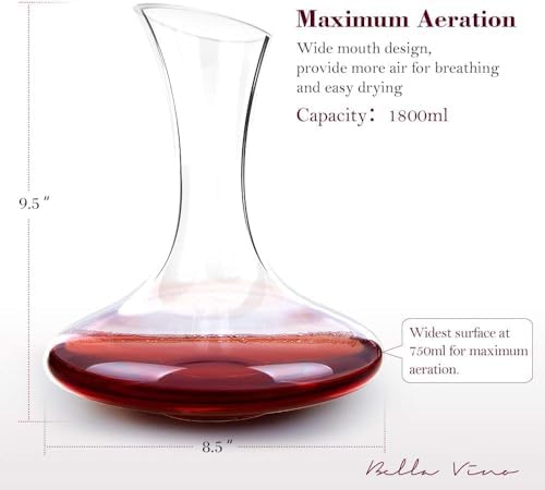 Large Elegant Red Wine Decanter with Aerator Pourer, 1600ml. - Hand Blown Lead-Free Crystal Glass Carafe for Cabernet, Merlot, Home Bar Accessory