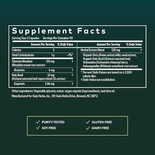 Gaia Herbs Adrenal Health Daily Support - Herbal Supplement with Ashwagandha, Holy Basil & Schisandra - Help Maintain Healthy Energy & Stress Levels* - 60 Vegan Liquid Phyto-Caps (30 Servings)