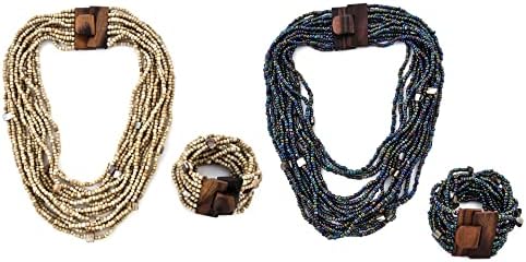 Shop LC Seed Bead Wooden Buckle Stretch Bracelet Multi Strand Layered Necklace Jewelry Set for Women Birthday Gifts 18"