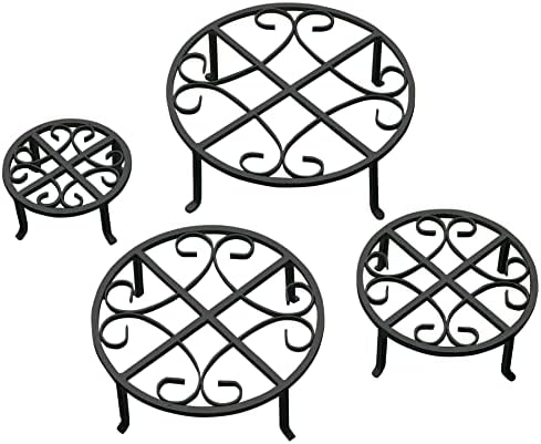 Red Carpet Studios Set of Four Round Black Iron Plant Stands, Scroll Pattern