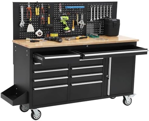 61-Inch Rolling Tool Chest with 10 Drawers & Power Strip, Solid Rubber Wood Top, 1675 LBS Load Heavy Duty Mobile Workstation, Locking System and Drawer Liners for Garage Warehouse Shop, Black