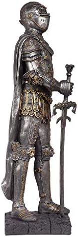 Design Toscano King's Guard Medieval Decor Half Scale Knight Armor Gothic Statue, 39 Inch Tall, Cast Stone Resin, Metallic Finish with Faux Stone Base