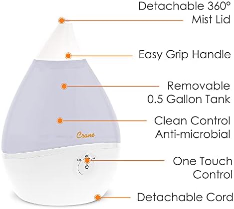 Crane Droplet Ultrasonic Small Air Humidifiers for Bedroom and Office, 0.5 Gallon Cool Mist Humidifier for Plants and Home, Humidifier Filters Optional, Blue and White