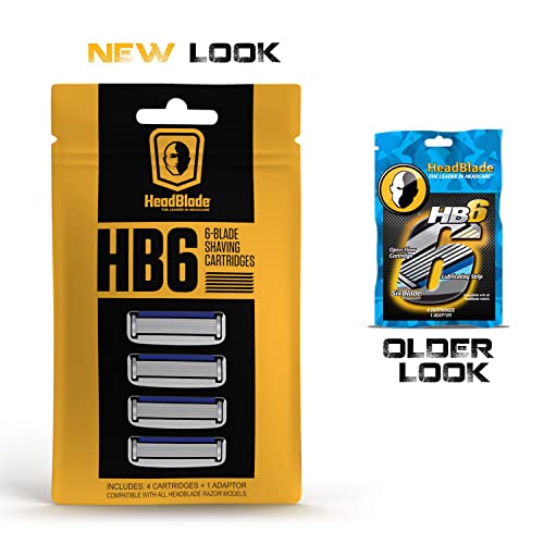 HeadBlade Men's HB6 Refill Shaving Razor Blades - 6 Stainless Steel Blades for No Tugging or Pulling, Shave Less, Works for Face, Body, and Scalp (4 Blades) 1 Pack