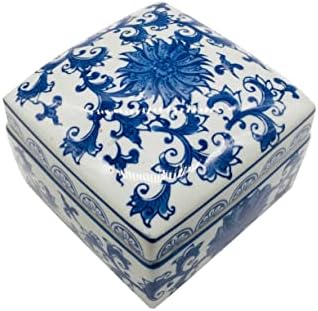 Blue & White China Lotus Floral Pattern Chinoiserie Square Ceramic Storage Box Jewelry Trinkets Organizer