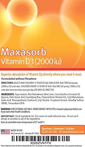 Vita Sciences Maxasorb Vitamin D3 Cream 2,000 IU, Topical Formula - 1.7 Oz | Delivers 2,000 IU of Topical Vitamin D3 Cream Per Pump - Fast-absorbing, Non-greasy, Paraben-Free Daily Skin Moisturizer.
