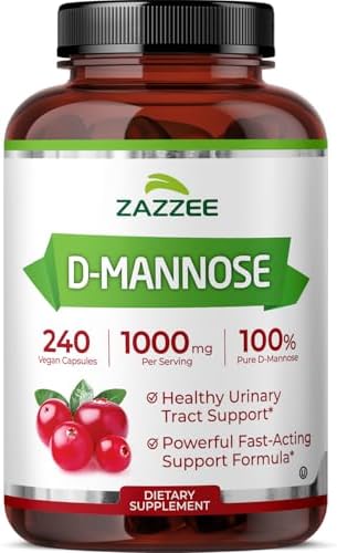 Zazzee D-Mannose, 1000 mg per Serving, 180 Vegan Capsules, 3 Month Supply | Potent & Fast-Acting, Certified Kosher, 100% Pure, All-Natural Urinary Tract Health Support, 100% Vegetarian, Non-GMO