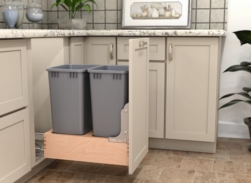 Rev-A-Shelf Pullout Under Counter Trash Can, 50 Qt 12.5 Gal Garbage Container with Soft-Close and Soft-Open Slides, Silver, 4WCBM-1550DM-1