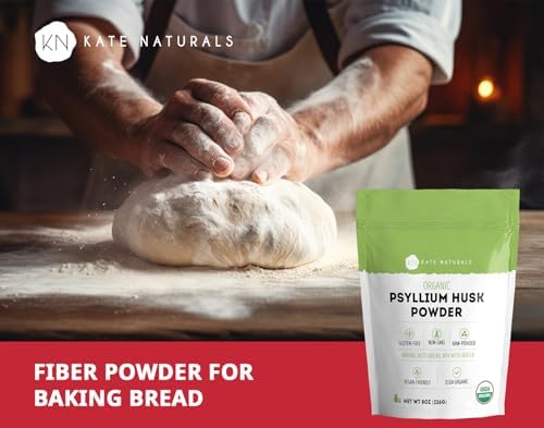 Kate Naturals Psyllium Husk Powder for Fiber and Baking Bread, 12oz | Organic, Gluten Free, Fine Ground, For Digestion, Mixes Easily with Juice & Smoothies