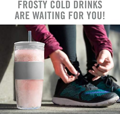 HOST Double Wall Insulated Freezable Drink Chilling Tumbler with Freezing Gel Glasses for Red and White Wine, Straw and Lid, Plastic, 16 oz, Grey