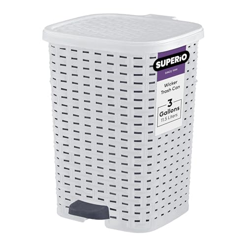 Superio Mini Trash Can with Foot Pedal Small Outdoor Garbage Can with Lid, 1.5 Gallon Plastic Waste Basket for Bathroom, Bedroom, Kitchen, Office, Patio (Wicker Brown 6 QT.)