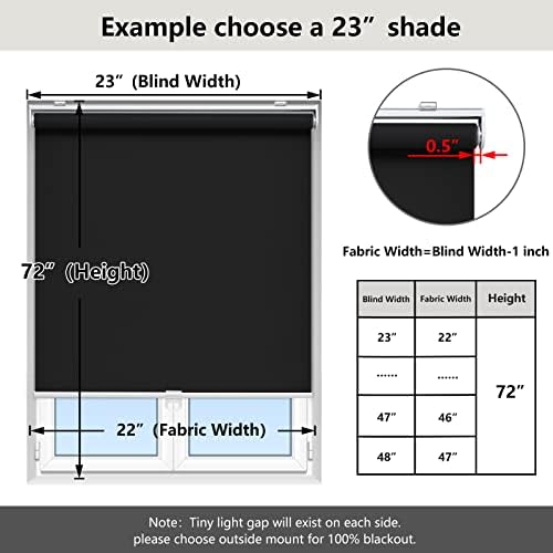 AOSKY Blackout Cordless Roller Shade for Indoor Windows, 23"W x 72"H, Black | Black Out Window Shade with Spring System