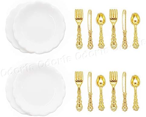 Odoria 1/12 Miniature Plates and Silverware Knife Fork Spoon Set Dollhouse Accessories, Silver