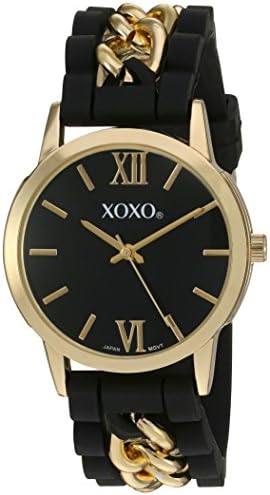 XOXO Women's Gold-Tone Quartz Watch with Black Silicone Strap, Elegant Gold Chain Links, Roman Numeral Dial, Analog Display, Stylish Fashion Accessory