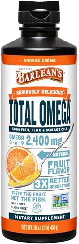Barlean's Total Omega 3 6 9 Orange Crème Liquid Fish Oil Supplement with Borage and Flaxseed Oil, 2,400 mg of Omegas EPA and DHA Plus GLA for Joint and Heart Health, 8 oz | Fish, borage & flax oils, EPA DHA ALA GLA omegas, Burpless, Non-GMO, Gluten-free,…