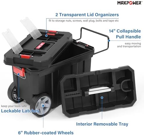 MAXPOWER Small Tool Box, 14-inch Plastic Tool Boxes with Handle | Removable Tray with Dual Lock Secured, Red Toolbox for Home