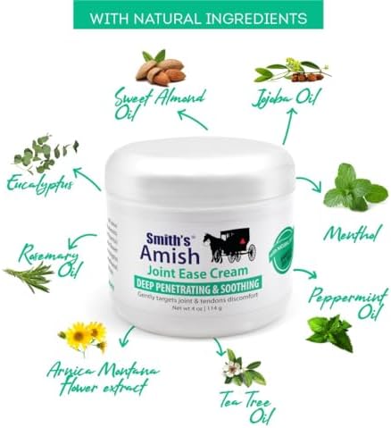 Smith's Amish Joint Ease Cream - Soothing Cooling Formula - 4 oz Jar | For Joint Discomfort, Stiffness & Muscle Tension - Arnica, Peppermint