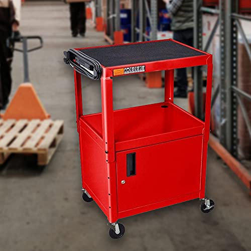LUXOR AVJ42C-RD Steel AV Cart with Adjustable Height and Storage Cabinet, Multipurpose Utility Cart, 24" to 42" Height, 3 Outlet Electrical Assembly