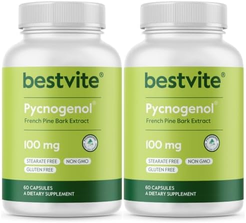BESTVITE Pycnogenol 100mg (60 Caps) - French Maritime Pine Bark Extract | No Stearates - Gluten Free - Non GMO - Scientifically Studied - Healthy Aging Supplement* - Easy to Swallow Caps